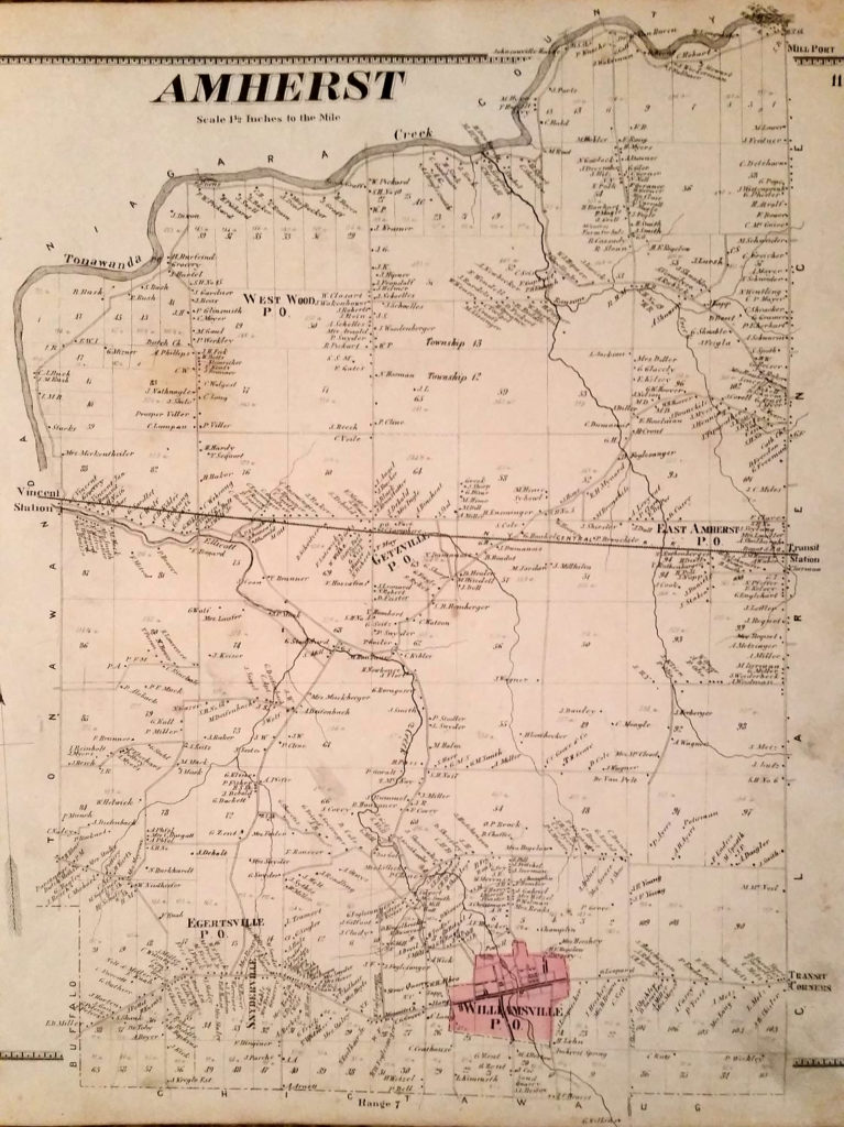 Map of Amherst from the 1866 Erie County Atlas, showing the New York Central Railroad "Peanut Line" running from Vincent Station to Transit Station.