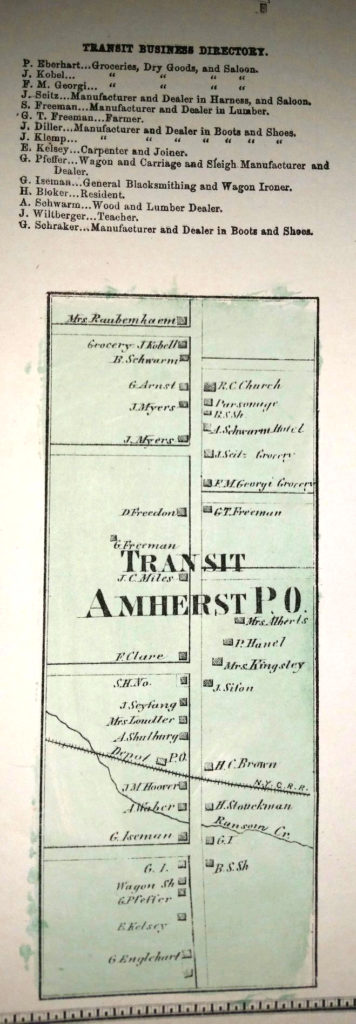 Page from the 1880 Erie County Atlas listing business along Transit Road in Amherst where the New York Central Railroad crosses.