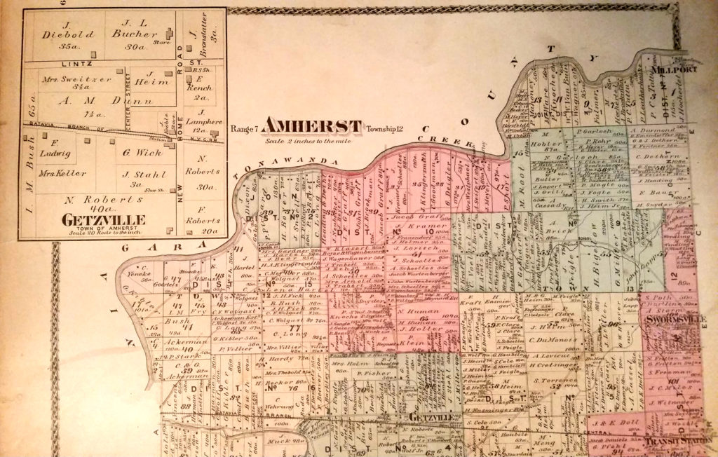 Map of Amherst from the 1866 Erie County Atlas, showing the New York Central Railroad "Peanut Line" running from Vincent Station to Transit Station.
