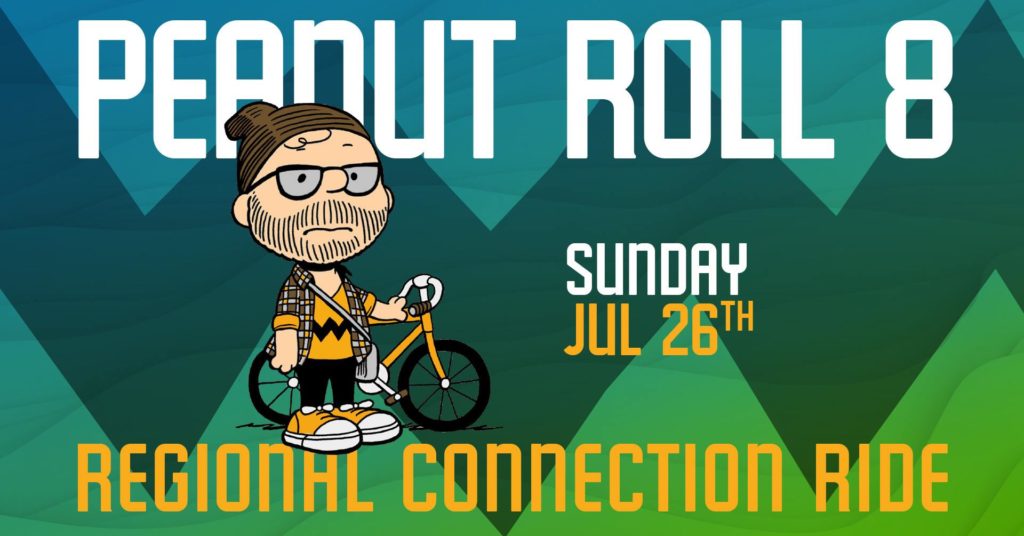 Peanut Roll mascot and bike next to text: Peanut Roll 8, Sunday July 26. Regional Connection Ride.