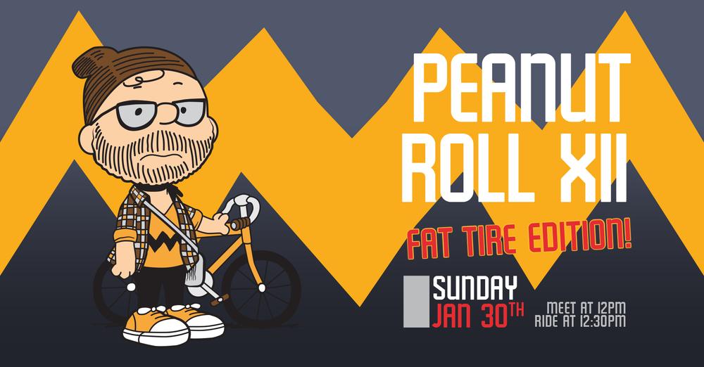 Peanut Roll mascot and bike. Text: Peanut Roll XII, Fat Tire Edition. Sunday, January 30. Meet at 12pm, Ride at 12:30pm.